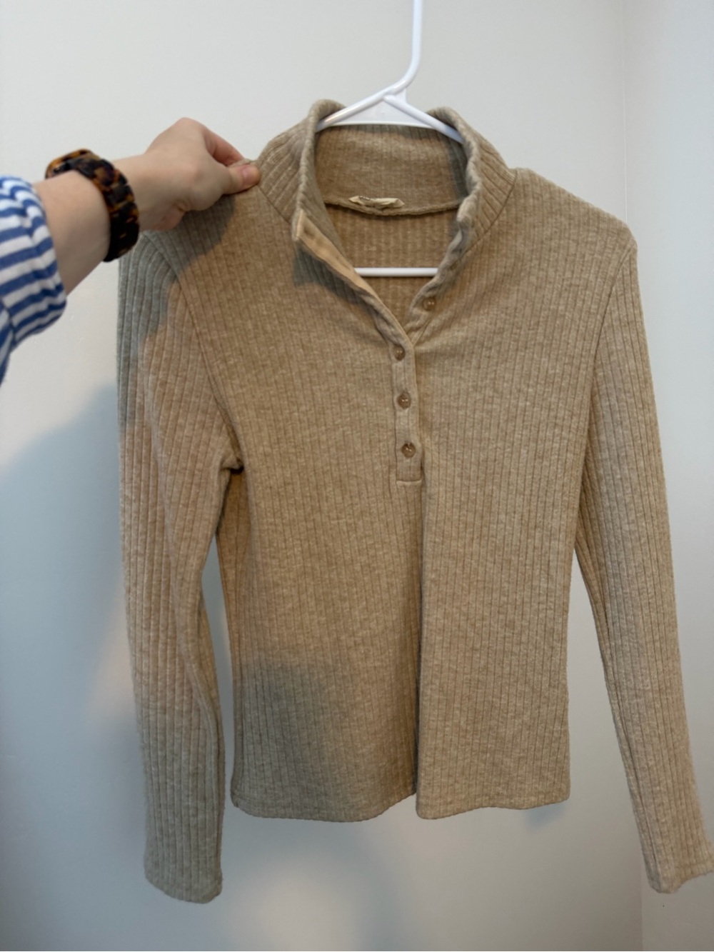 Roolee Beige Ribbed Henley Sweater